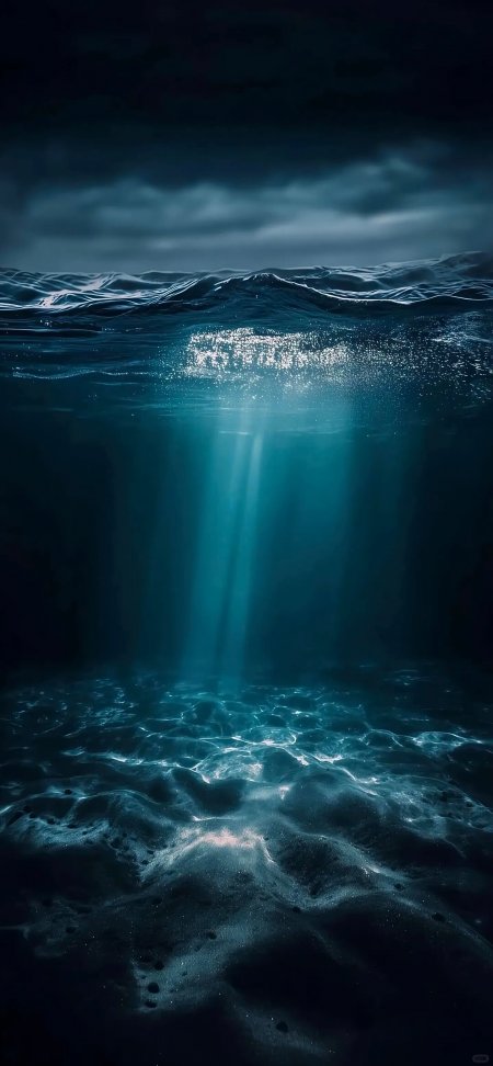 深海光束穿透水面幽蓝海底沙纹神秘梦幻海洋风光风景手机壁纸