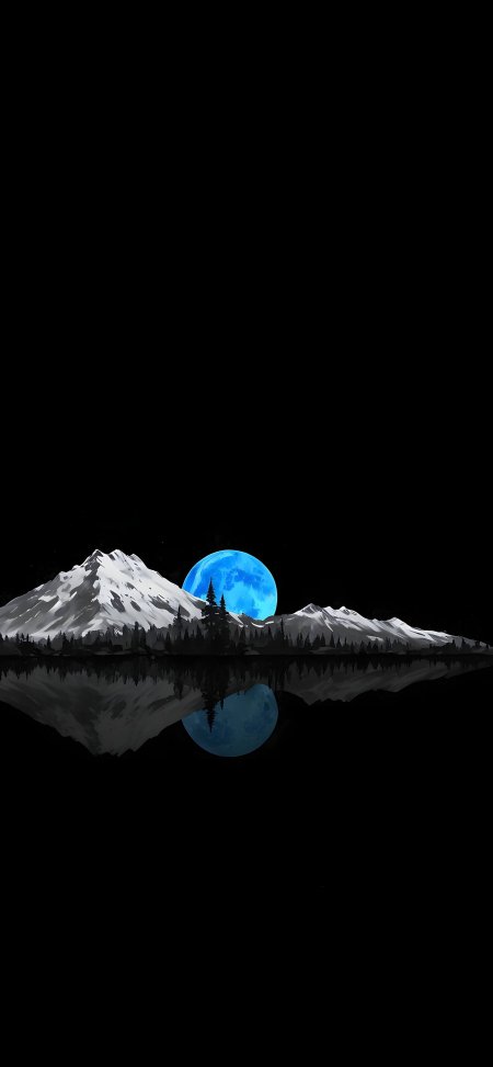 雪山倒影湖面蓝色满月高悬夜空静谧唯美插画风格创意手机壁纸