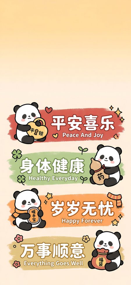 四只熊猫抱福袋送祝福卡通插画可爱治愈创意手机壁纸