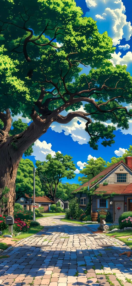 宫崎骏风格绿树小屋街道宁静田园动漫手机壁纸