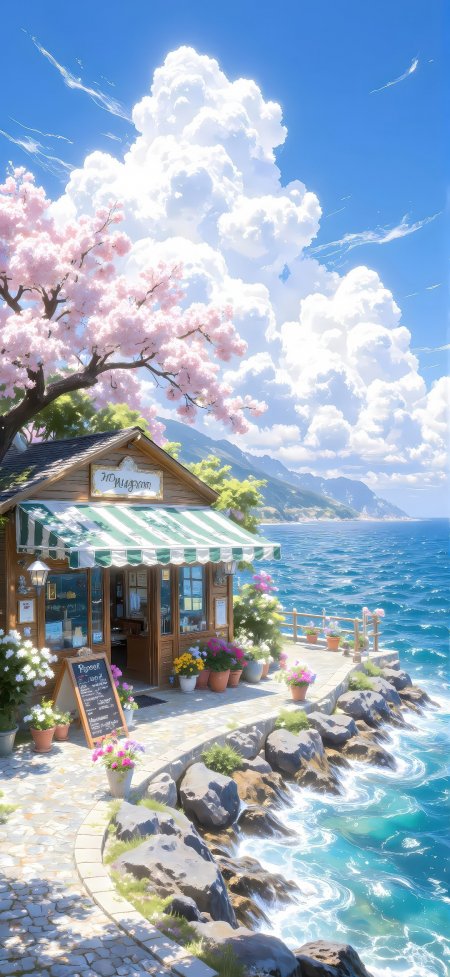 海边樱花树下木屋小店蓝天白云清新治愈动漫风格动漫手机壁纸