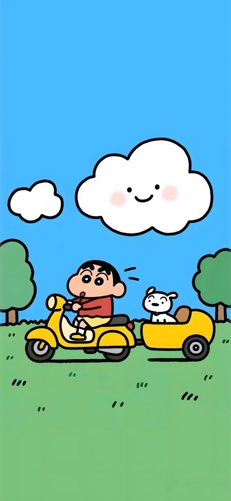 蜡笔小新骑摩托带小白蓝天白云卡通可爱动漫手机壁纸
