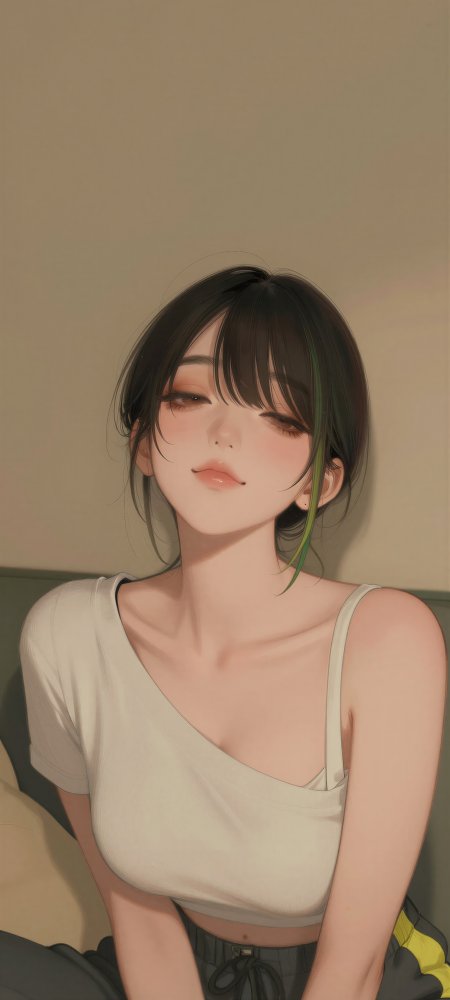 黑发少女绿挑染白吊带慵懒坐姿柔和光影二次元动漫手机壁纸