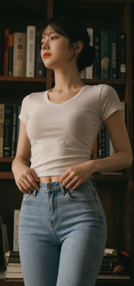 白T牛仔裤美女书架前侧身文艺清新人物摄影手机壁纸