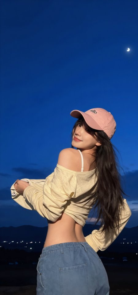 美女戴粉帽回眸微笑夜空弯月清新甜美户外人物手机壁纸