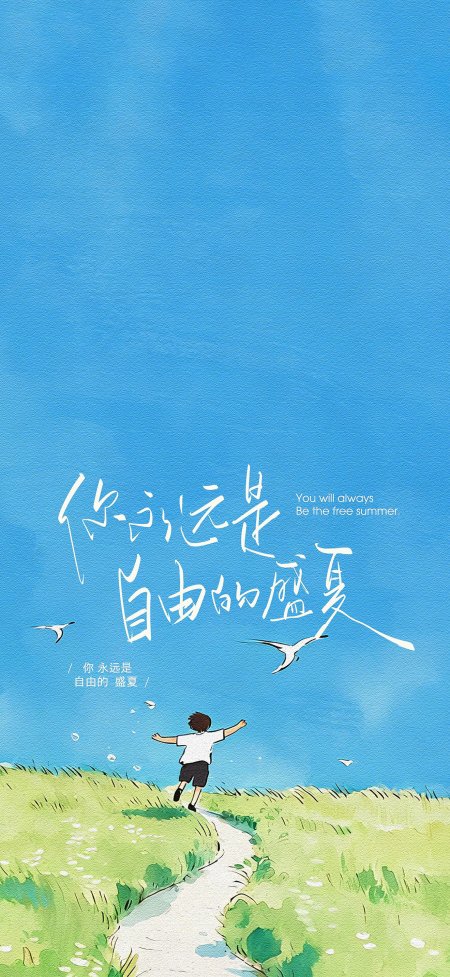 少年奔跑草地蓝天飞鸟自由盛夏手绘风格清新动漫手机壁纸