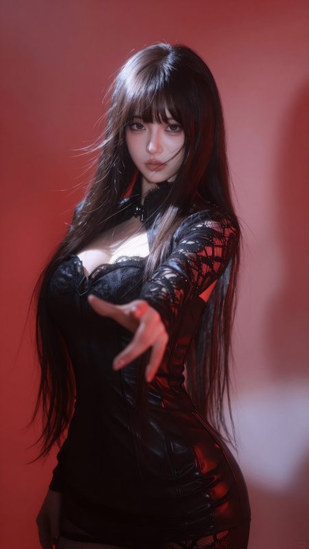 美女黑衣蕾丝红底光影性感造型时尚人物摄影手机壁纸