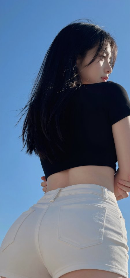 黑发美女黑上衣白短裤蓝天背影性感户外人物摄影手机壁纸