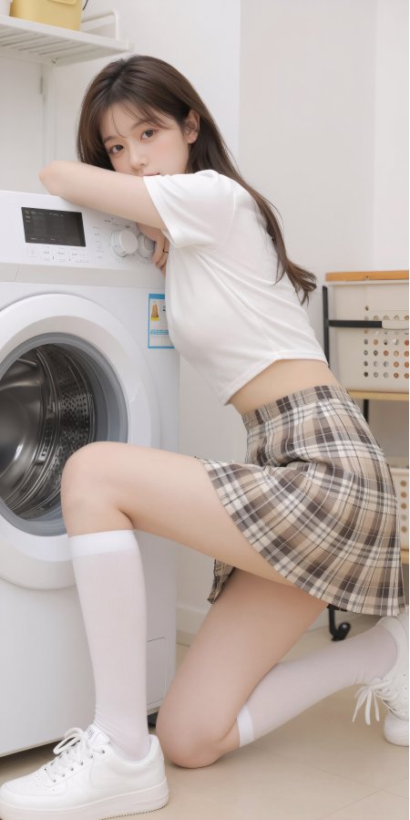 美女倚靠洗衣机格子短裙纯欲风居家生活人物手机壁纸