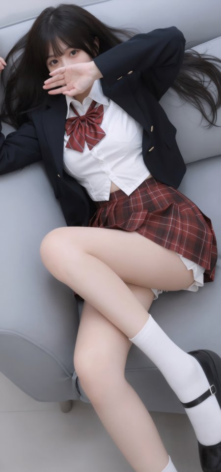 校服短裙美女躺沙发遮脸俏皮校园风人物摄影手机壁纸