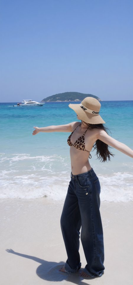 美女沙滩伸展双臂豹纹比基尼夏日度假风情人物手机壁纸