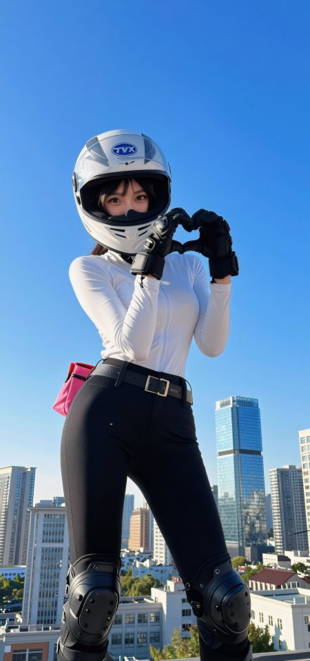 美女戴头盔比心摩托车骑行酷飒风格城市背景人物手机壁纸