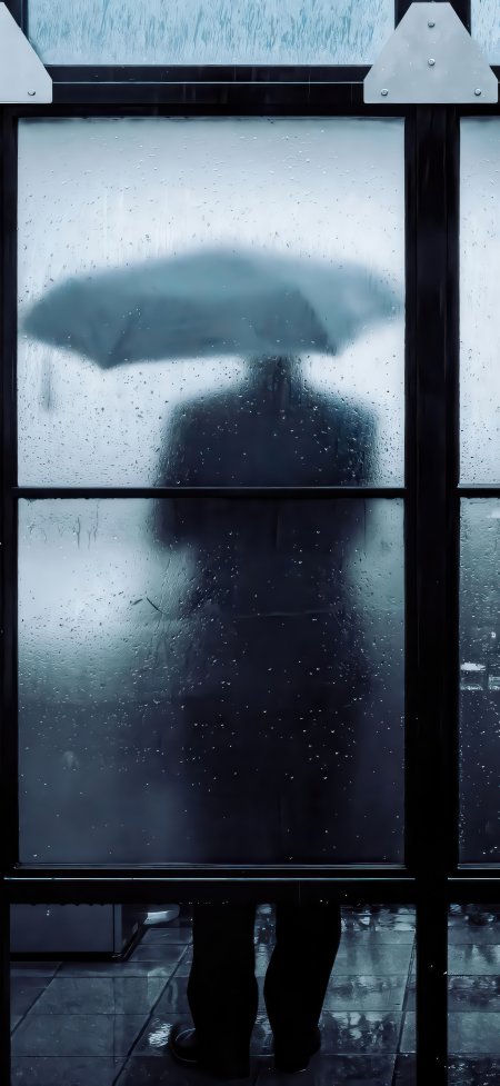 雨中撑伞人磨砂玻璃剪影忧郁情绪感艺术摄影创意手机壁纸