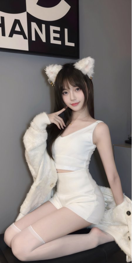 白衣猫耳美女跪坐毛绒外套甜美造型人物摄影手机壁纸