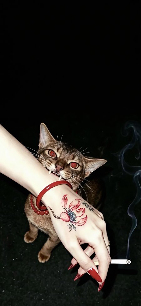 猫咪咬手纹身红甲暗黑风格创意组合个性艺术手机壁纸