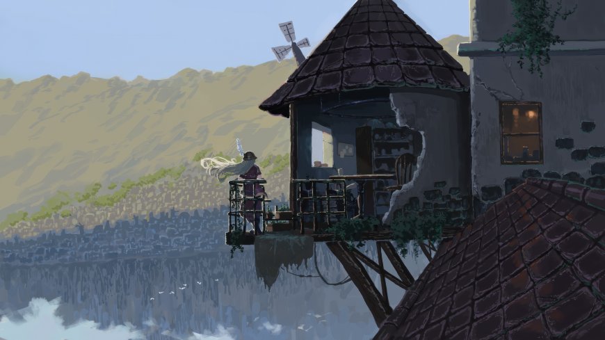 来自深渊白发少女风车小屋悬崖风景动漫电脑壁纸
