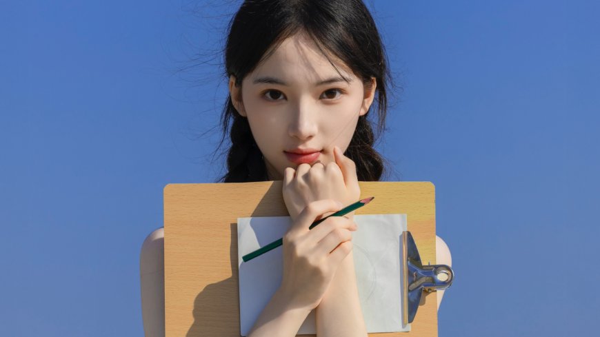 蓝天背景下持画板铅笔少女清新人物电脑壁纸