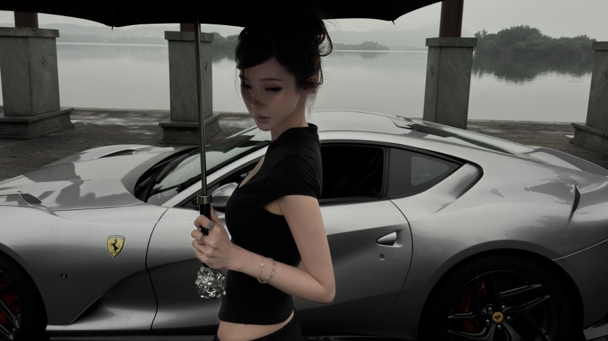 法拉利跑车旁撑伞黑衣美女人物摄影电脑壁纸