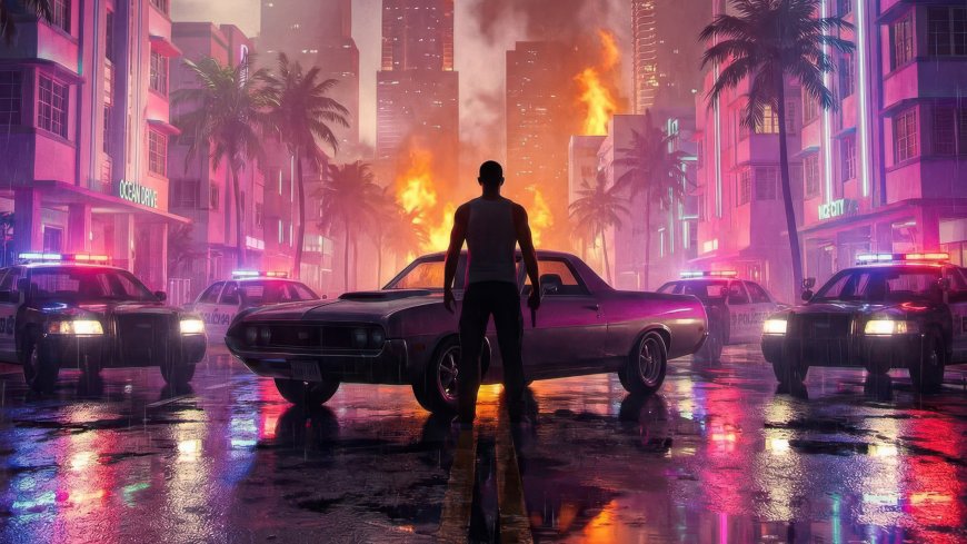 GTA6迈阿密街头复古肌肉车警车包围爆炸火光游戏电脑壁纸