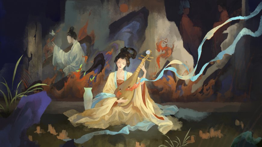古风琵琶少女洞窟演奏飘带飞舞国潮插画人物电脑壁纸