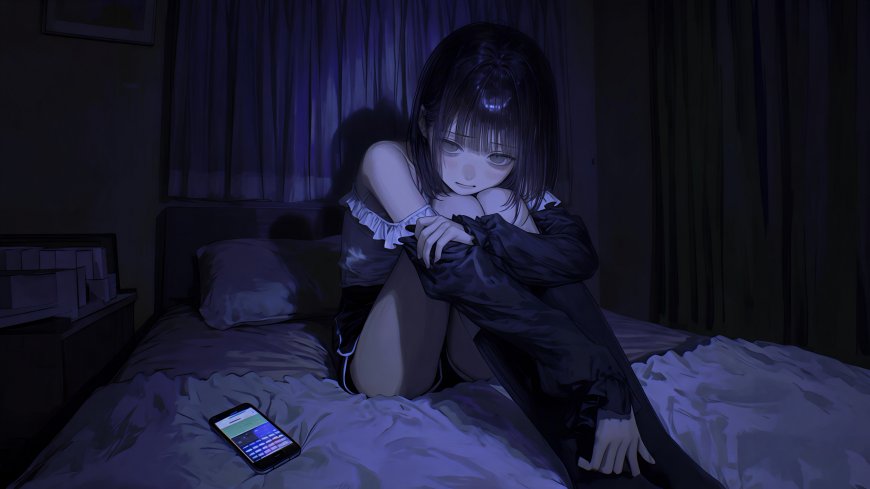 深夜卧室抱膝少女手机蓝光忧郁氛围动漫电脑壁纸