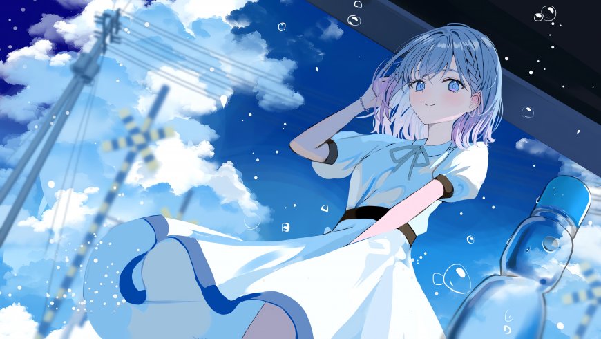 蓝发少女蓝天白云清新治愈动漫电脑壁纸