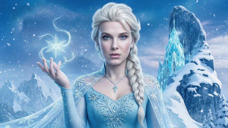 米莉波比布朗冰雪奇缘艾莎真人版蓝裙施法奇幻人物电脑壁纸