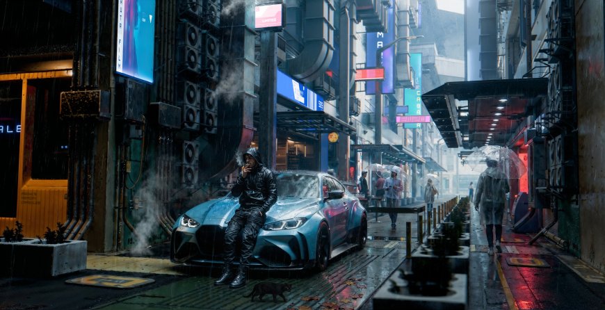 赛博朋克雨夜街道男子倚靠蓝色改装车霓虹光影创意电脑壁纸