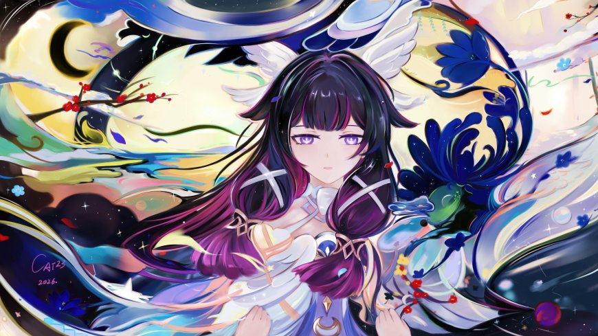原神哥伦比娅紫发少女月神主题梦幻星空背景动漫电脑壁纸