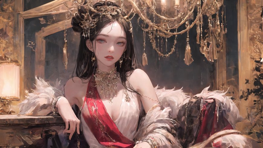 宫廷女王金冠红裙羽毛披肩奢华复古人物电脑壁纸