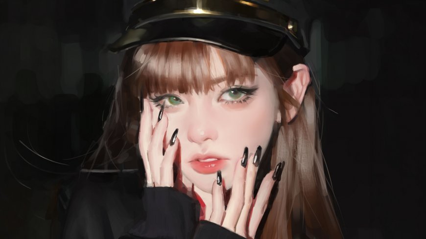 戴军帽绿眼少女手托脸颊唯美人物电脑壁纸