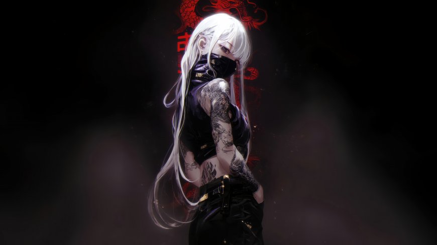 白发少女蒙面露纹身红龙背景暗黑系二次元人物电脑壁纸