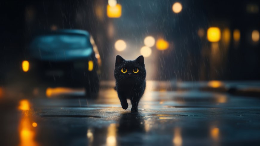 黑猫雨夜独行街道黄瞳凝视镜头暖光车灯倒影营造电影感宠物摄影电脑壁纸
