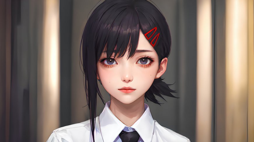 电锯人东山小红少女戴红发夹穿白衬衫校服清新唯美动漫人物电脑壁纸