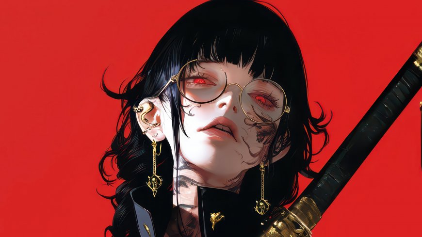 黑发眼镜女剑士红底纹身赛博朋克人物电脑壁纸
