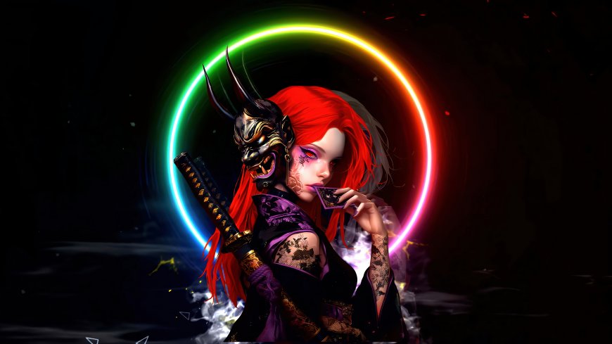 红发少女戴鬼面具持武士刀霓虹光环环绕赛博朋克风人物电脑壁纸
