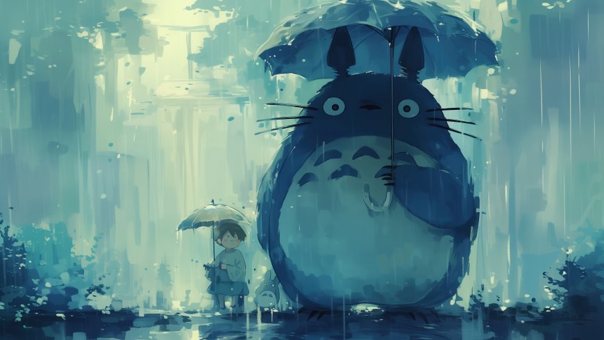 宫崎骏龙猫撑黑伞与小女孩小月立于雨中清新治愈系动漫场景电脑壁纸