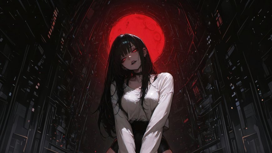 黑发少女白衬衫立于机械隧道红月高悬暗黑科幻人物电脑壁纸