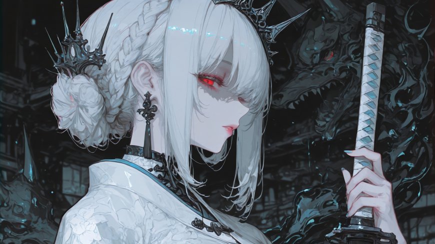 白发红瞳少女戴尖刺冠手持武士刀暗黑龙影环绕哥特奇幻人物电脑壁纸