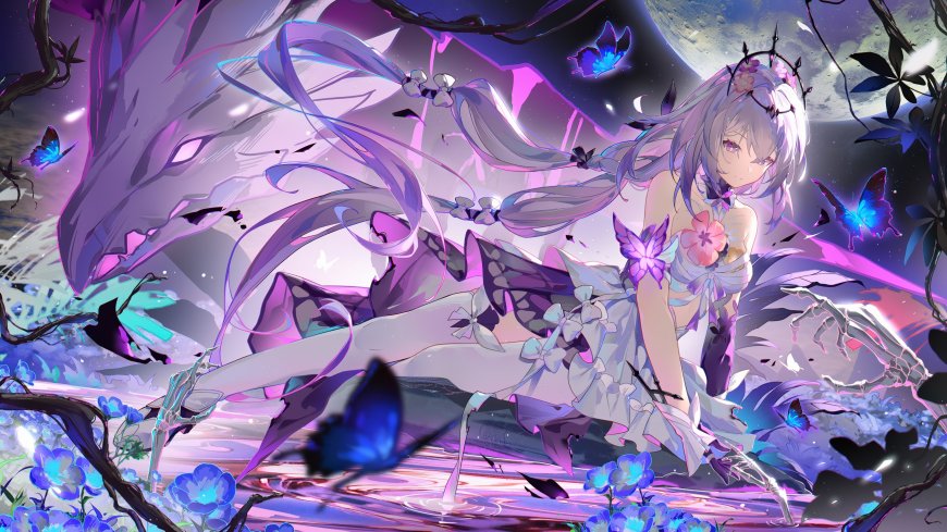 崩坏星穹铁道遐蝶蝴蝶环绕紫月背景奇幻少女动漫电脑壁纸