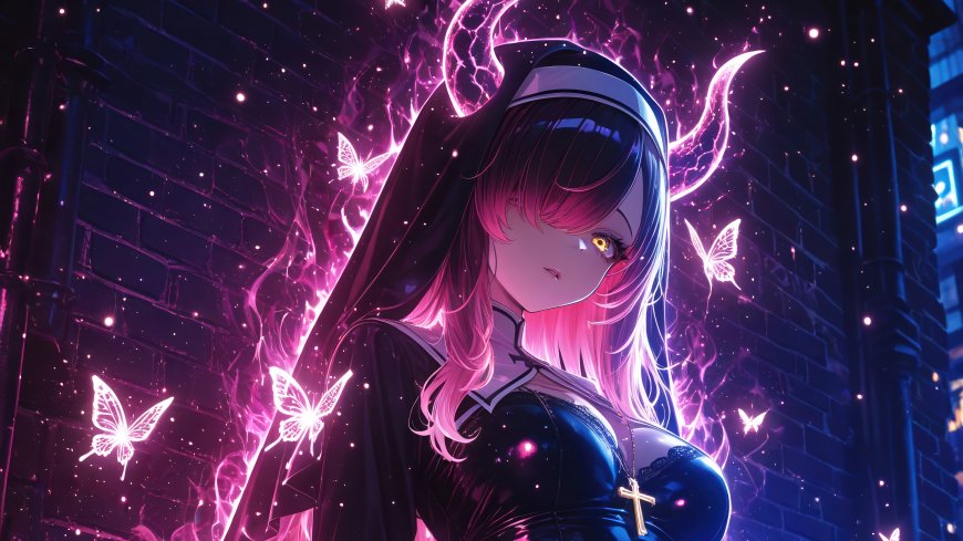 粉发恶魔修女少女紫焰蝴蝶环绕暗黑奇幻风格动漫电脑壁纸
