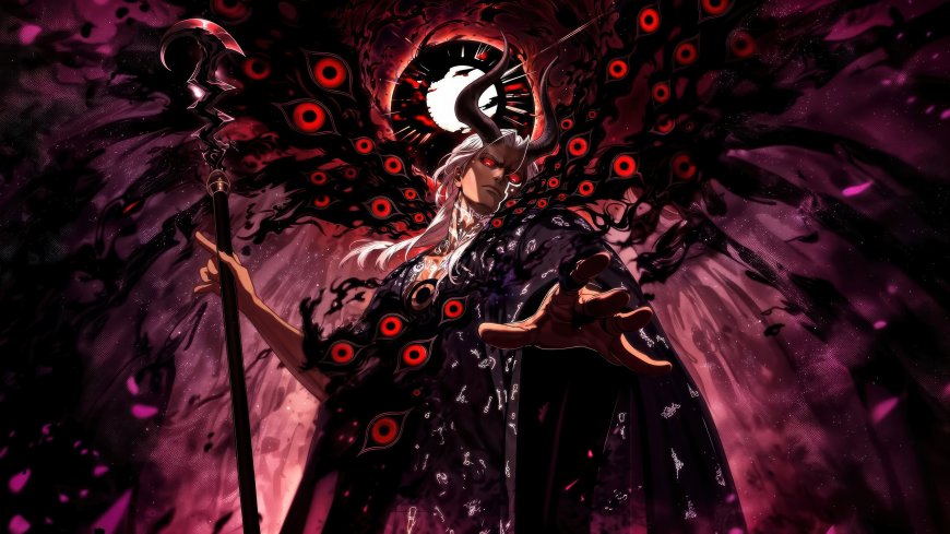 白发红瞳魔王持法杖身披红眼纹黑袍暗黑魔幻风霸气侧漏动漫人物电脑壁纸