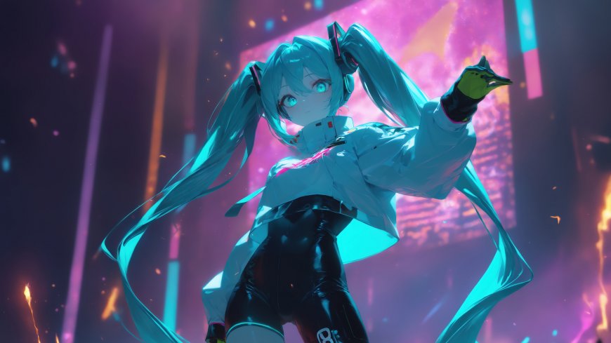 初音未来蓝发双马尾舞动霓虹光效赛博朋克风动漫人物电脑壁纸