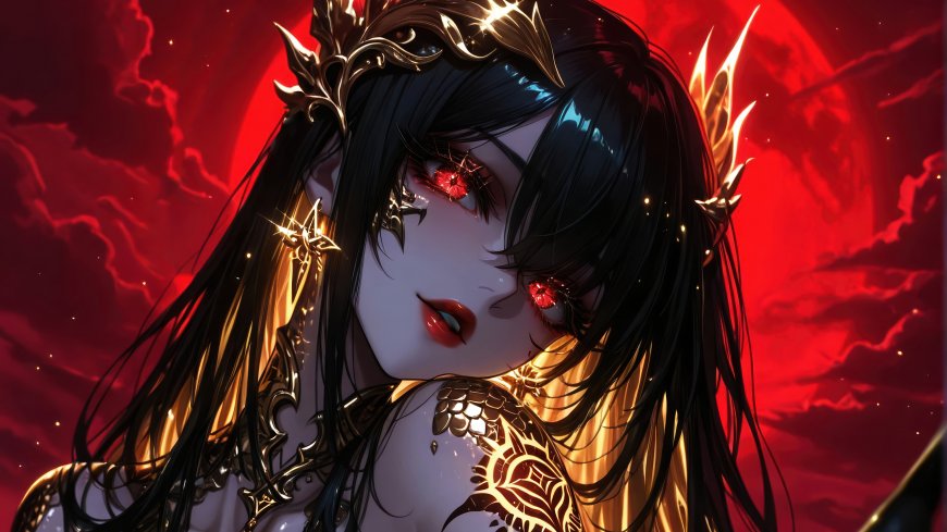 红月金甲黑发红瞳恶魔女王华丽暗黑人物电脑壁纸