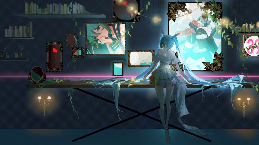 初音未来蓝发双马尾坐于书桌前藤蔓缠绕墙面梦幻治愈系动漫人物电脑壁纸