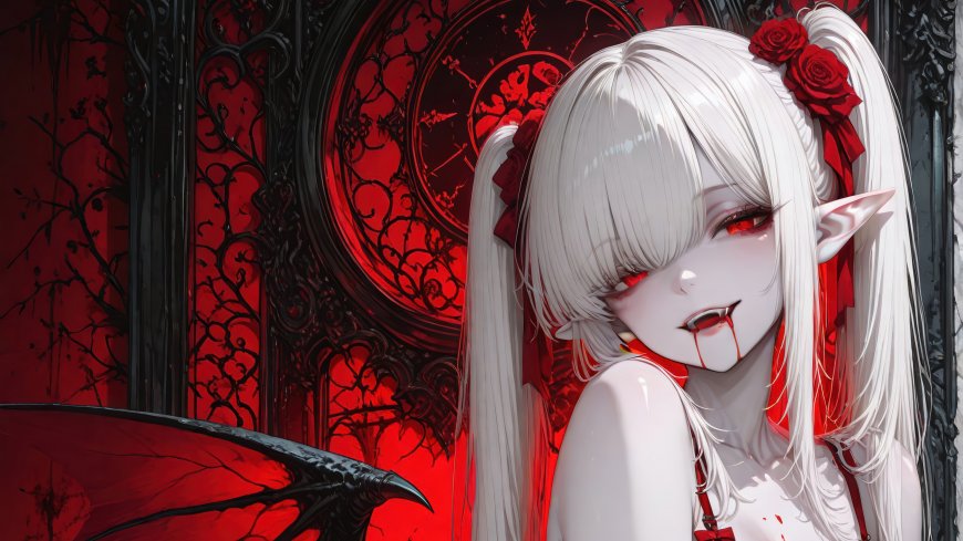 白发双马尾少女戴红玫瑰露尖牙暗黑哥特风奇幻人物电脑壁纸