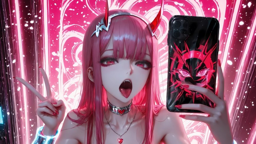 粉红恶魔角少女举手机自拍赛博朋克风二次元人物电脑壁纸