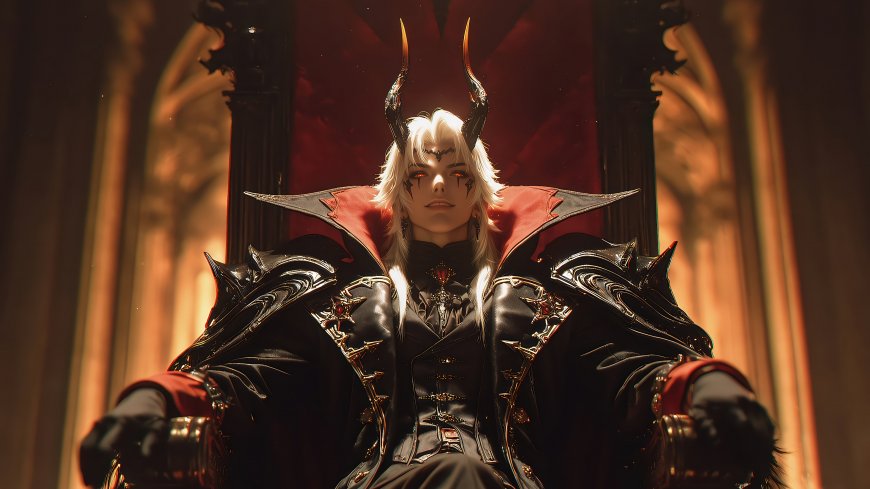 白发恶魔角男子坐红椅穿黑金铠甲暗黑奇幻风人物电脑壁纸