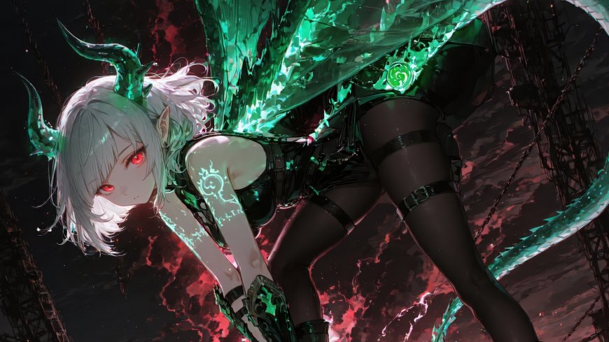 白发少女长绿角披翠绿龙翼俯冲而下暗黑魔幻风霸气侧漏动漫人物电脑壁纸