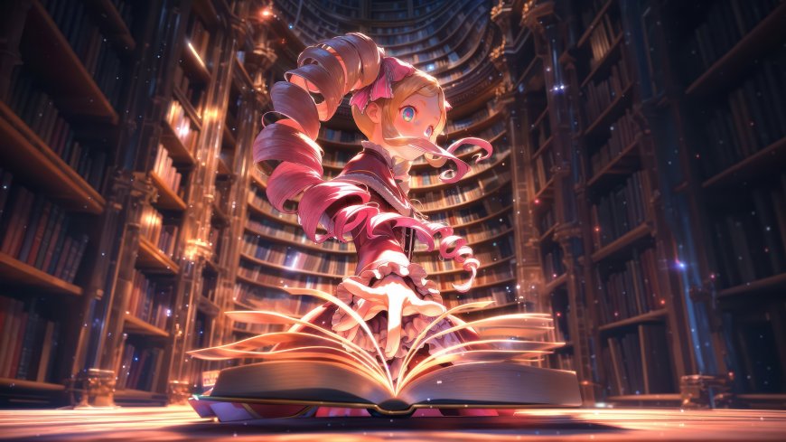 粉发双马尾少女立于巨型图书馆中魔法书发光暖黄光影奇幻场景电脑壁纸